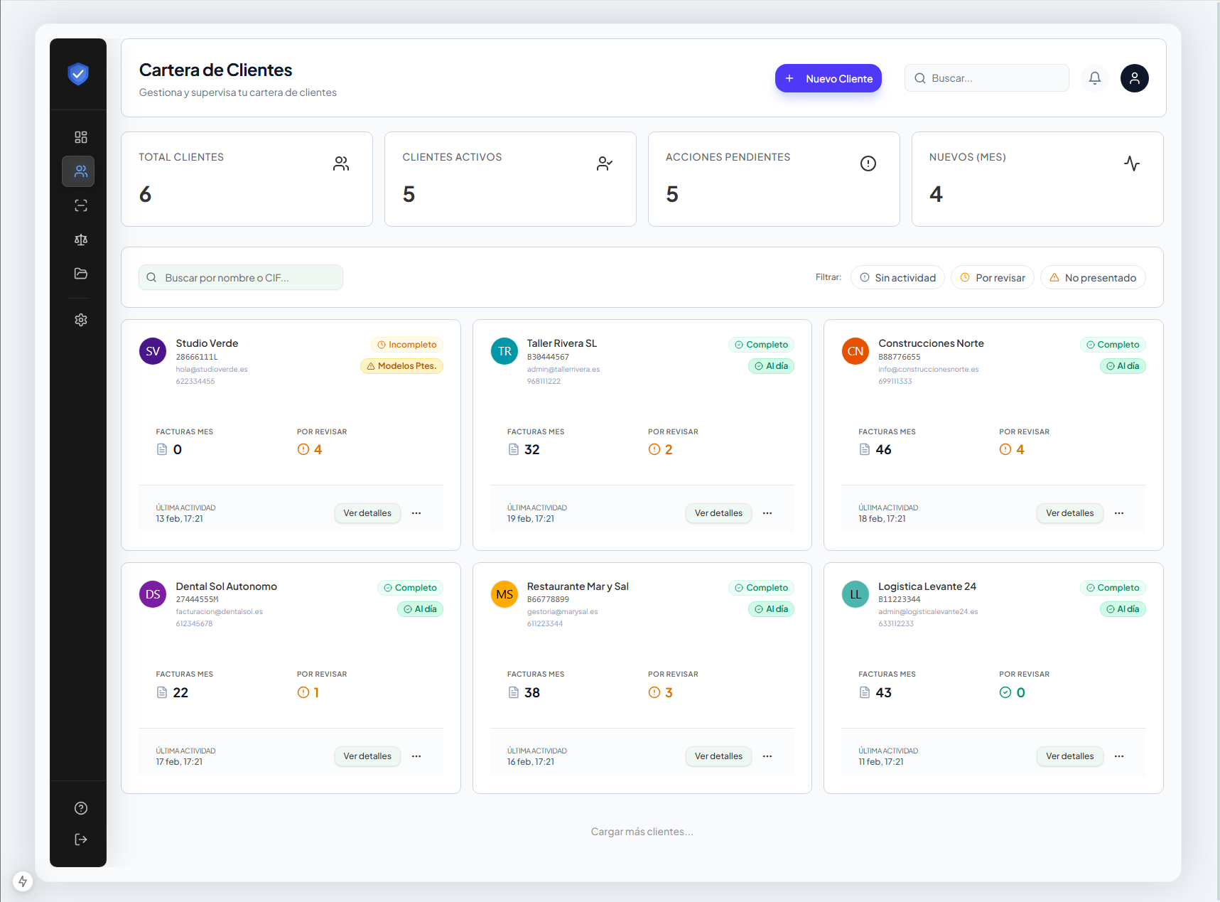 Vista detallada gestoría CoreFiscal